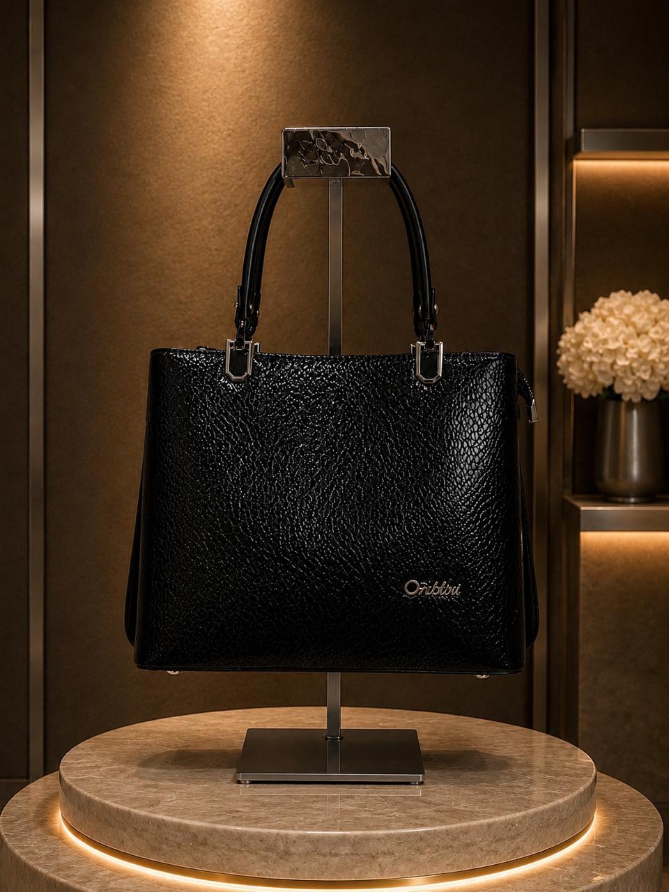 Elegant Black Textured Tote Handbag.