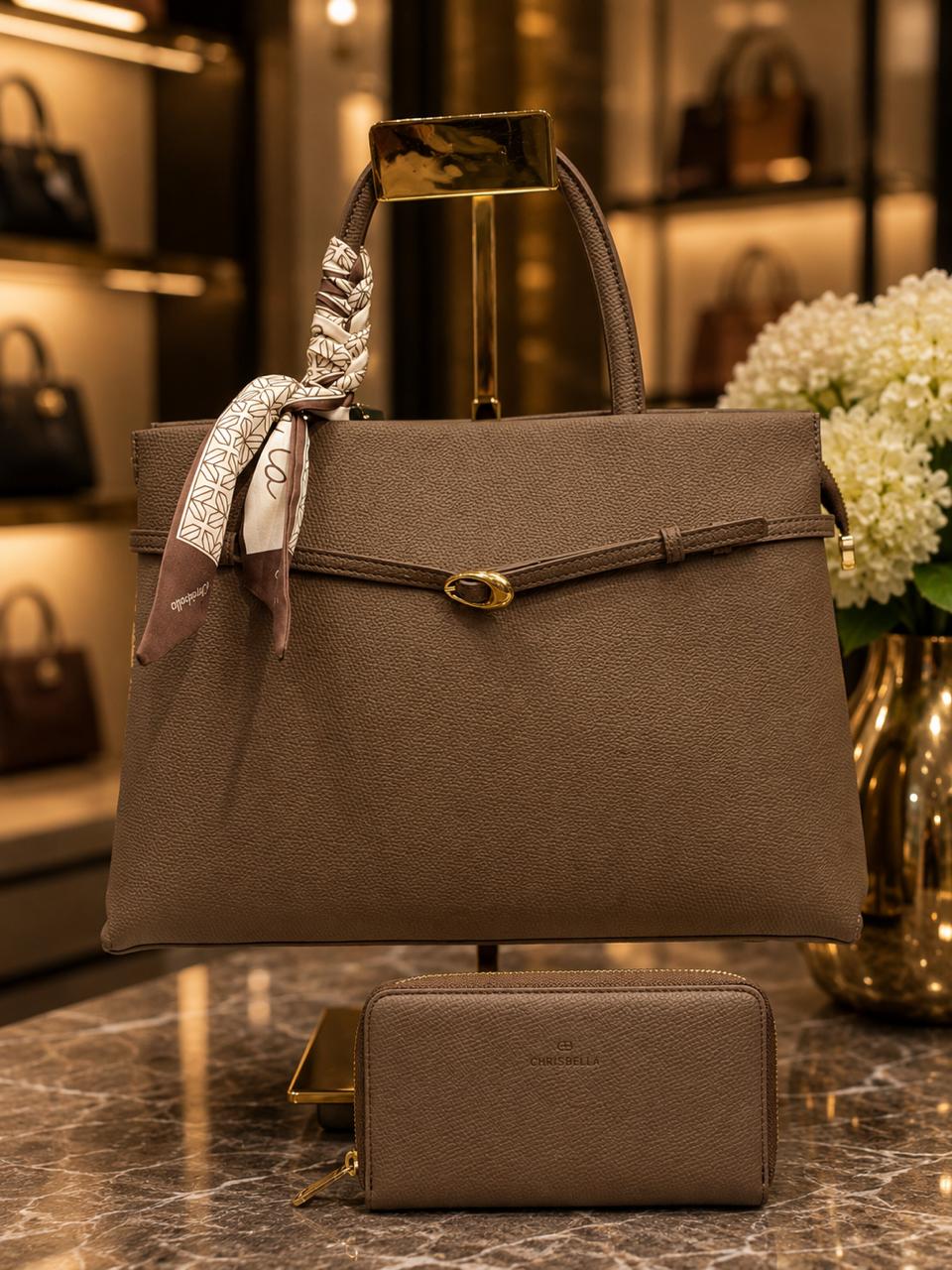 A brown Scarfed Handbag.
